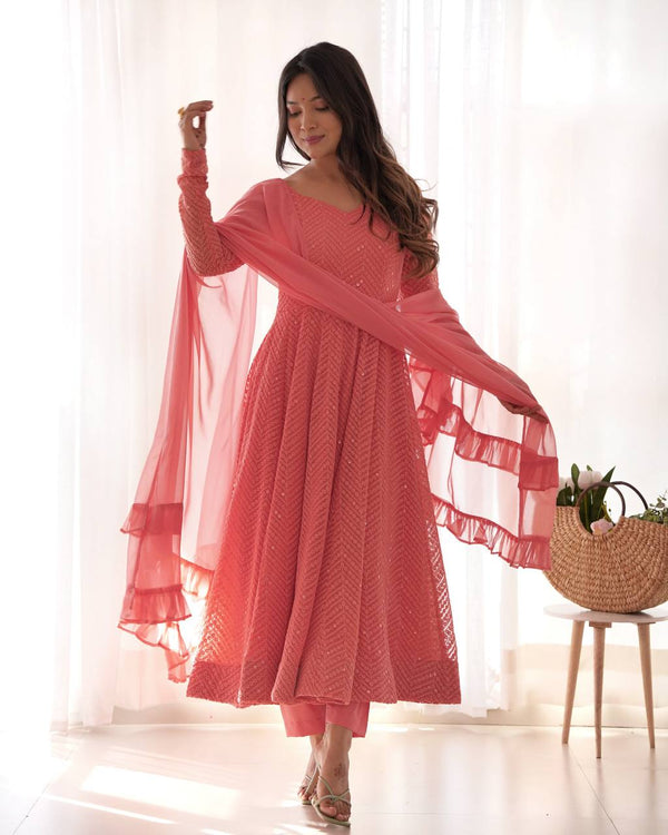 Awesome Peach Color Lucknowi Sequence Work Anarkali Suit NKB-55