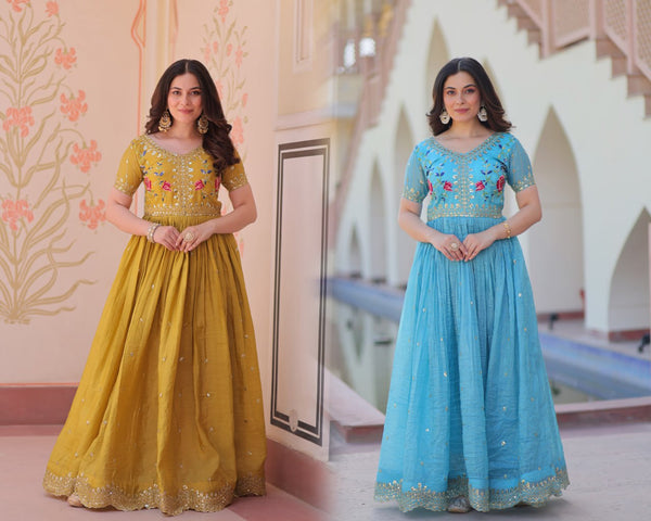 Designer Embroidery Work Mustard & Sky Blue Color Gown KA-1171