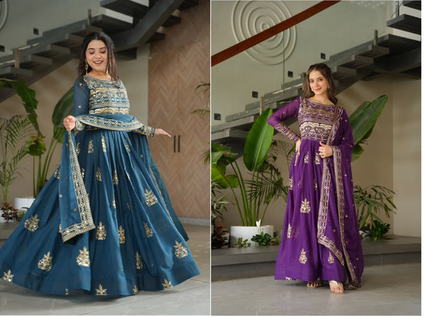 Amazing Embroidery Work Rama & Purple Color Gown LW-9226