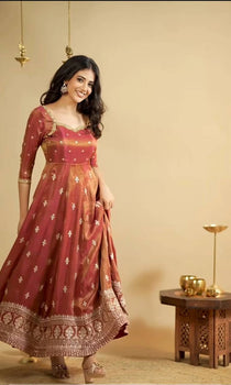 Rust Cosmo Sequins Embroidered Anarkali Suit Set Front View