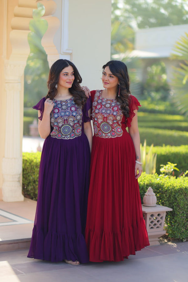 Multi Thread Work Purple & Maroon Color Anarkali Gown KA-1179