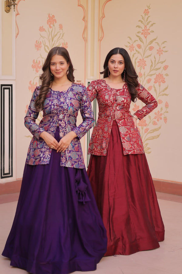 Purple & Maroon Color Simmer Vichitra Top With Lehenga LW-7129