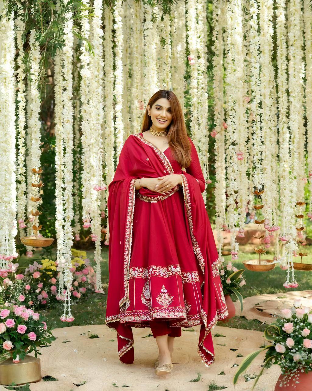 Roman Silk Red Color Multi Embroidered Gown Main image