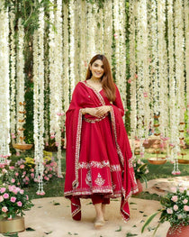 Red Roman Silk Embroidered Anarkali Suit Set with Dupatta
