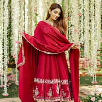 Red Roman Silk Embroidered Anarkali Suit Set