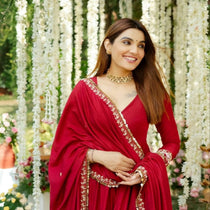 Red Roman Silk Embroidered Anarkali Suit Set