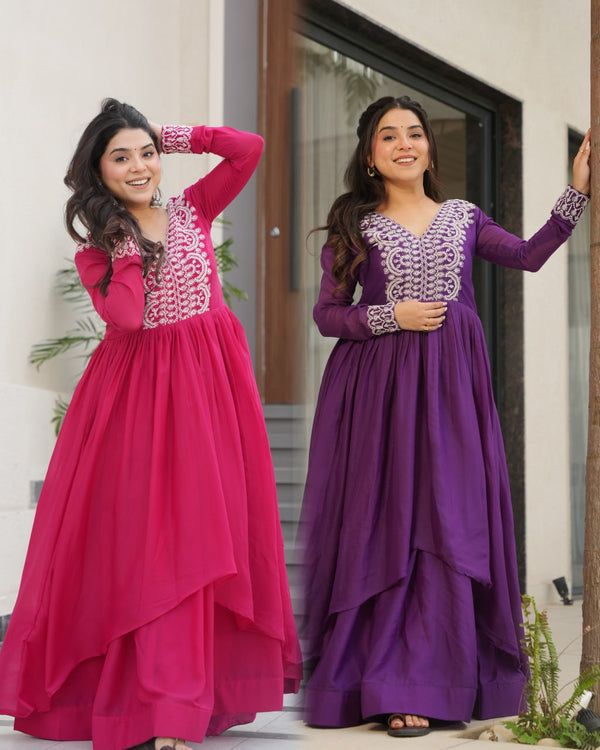 Embroidered Pink & Purple Color Double Flair Gown KA-1178