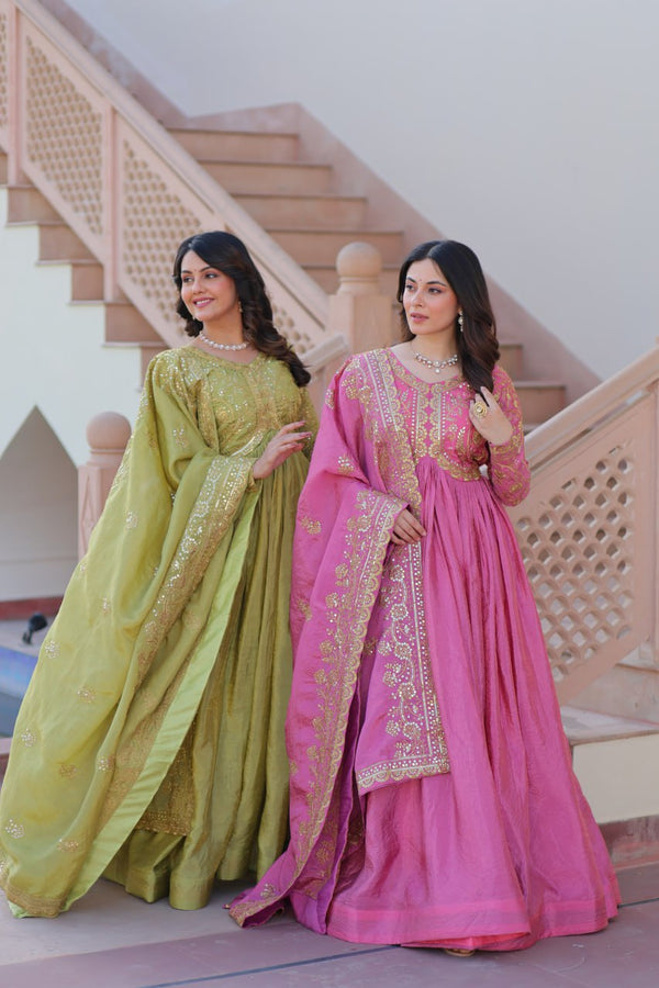 Multi Embroidered Work Pista & Pink Color Outstanding Gown LW-9240