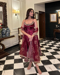 Wine Vichitra Silk Embroidered Gown Set