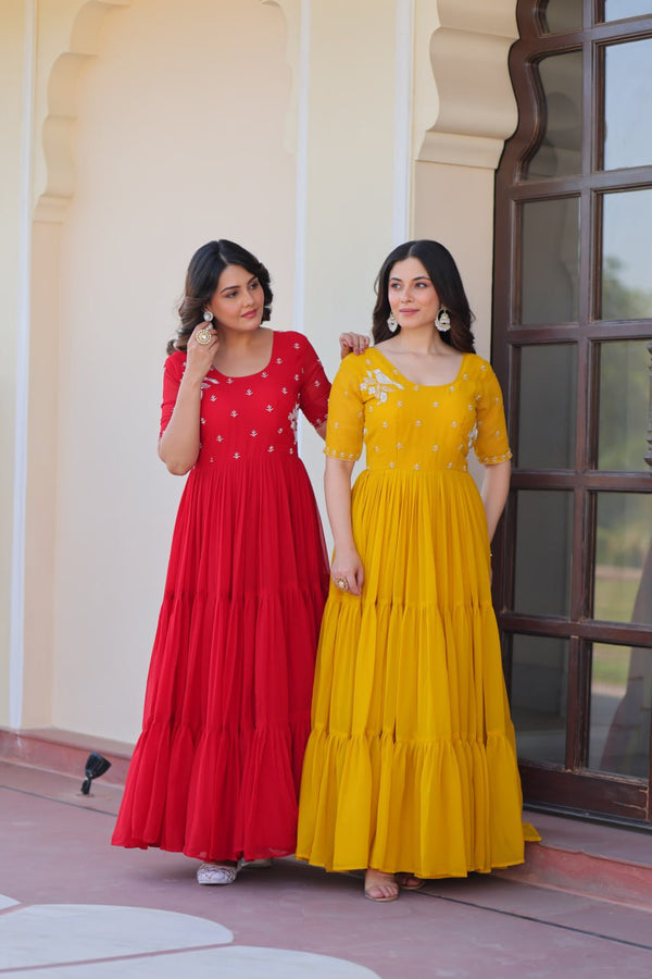 Beads Embroidery Work Red & Mustard Color Glorious Gown KA-1173
