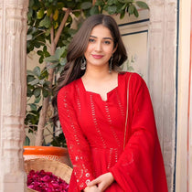 Red Embroidered Georgette Anarkali Suit Set