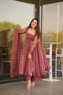 Rose Pink Organza Foil Work Gown Set