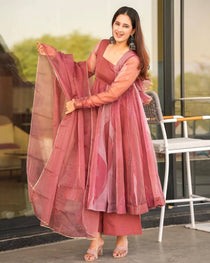 Rose Pink Organza Foil Work Gown Set with Palazzo and Dupatta