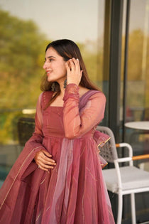 Rose Pink Organza Foil Work Gown Set