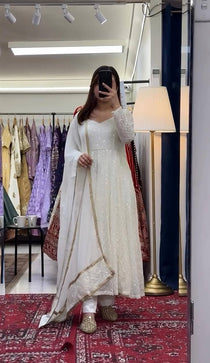 Off White Faux Blooming Sequin Embroidered Anarkali Suit Set with Dupatta