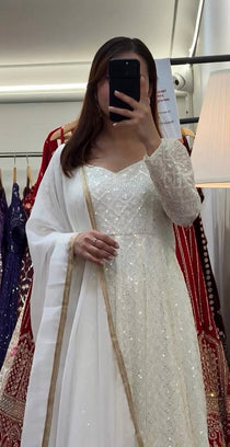 Off White Faux Blooming Sequin Embroidered Anarkali Suit Set