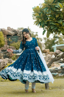 Navy Blue Faux Blooming Sequin Embroidered Anarkali Suit Set