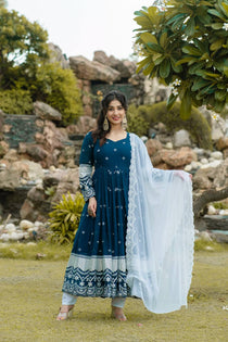 Navy Blue Faux Blooming Sequin Embroidered Anarkali Suit Set with Dupatta