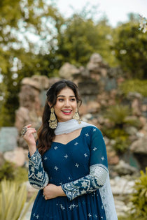 Navy Blue Faux Blooming Sequin Embroidered Anarkali Suit Set