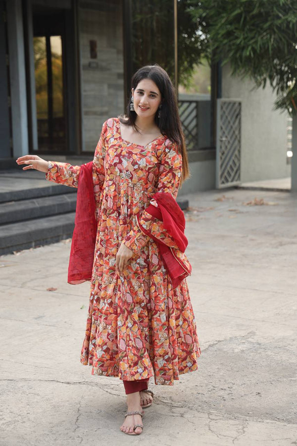 Red Color Embroidery Work With Digital Printed Anarkali Suit TD-6080
