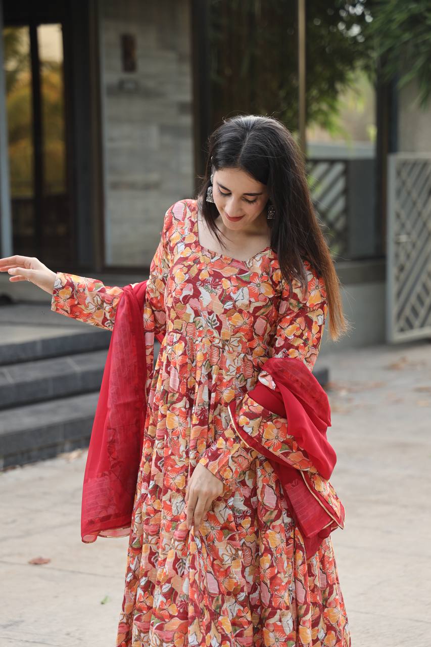 Red Color Embroidery Work With Digital Printed Anarkali Suit
