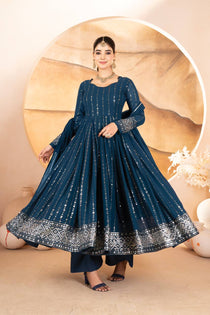 Rama Blue Faux Blooming Sequin Embroidered Anarkali Suit Set