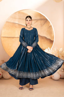 Rama Blue Faux Blooming Sequin Embroidered Anarkali Suit Set