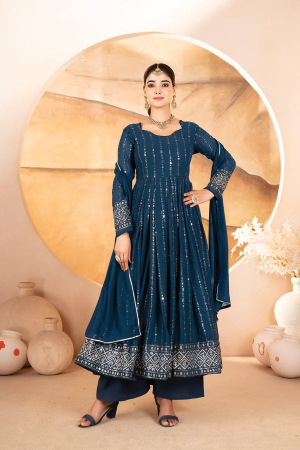 Teal Blue Color Thread Embroidered Designer Anarkali Suit  TD-6081