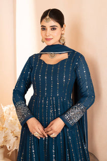 Rama Blue Faux Blooming Sequin Embroidered Anarkali Suit Set