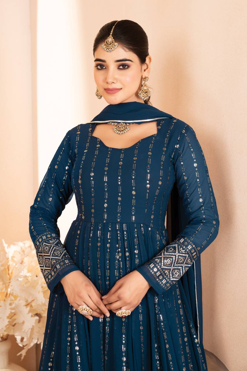 Teal Blue Color Thread Embroidered Designer Anarkali Suit