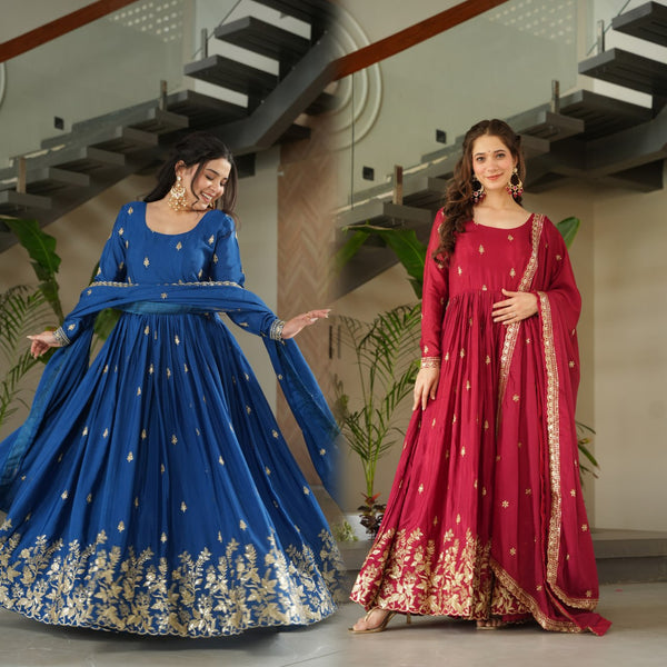 Blue & Red Color Embroidery Zari Sequins Work Designer Gown KA-1166