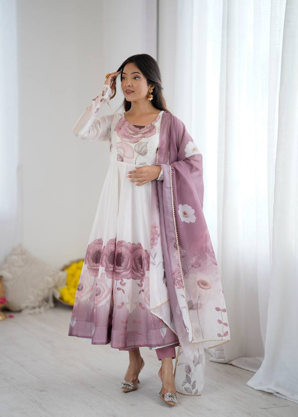 Onion Pink, Purple Color Organza Silk Print Anarkali Gown NKB-60
