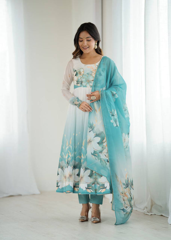 Sky Blue Color Flower Printed Organza Silk Anarkali Gown NKB-61