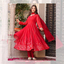 Red Embroidered Anarkali Suit Set with Lace Border Dupatta