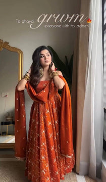 Rust Orange Sequins and Thread Embroidered Anarkali Suit Set with Dupatta