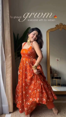 Rust Orange Sequins & Thread Embroidered Anarkali Suit Set