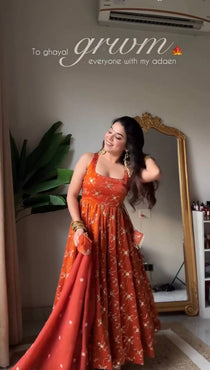 Rust Orange Sequins & Thread Embroidered Anarkali Suit Set