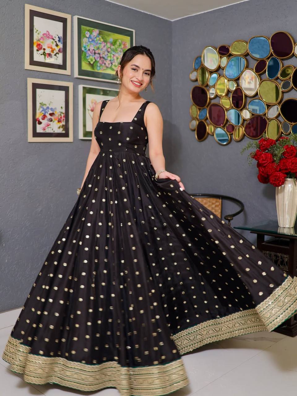Black Color Thread Embroidery Work Anarkali Suit