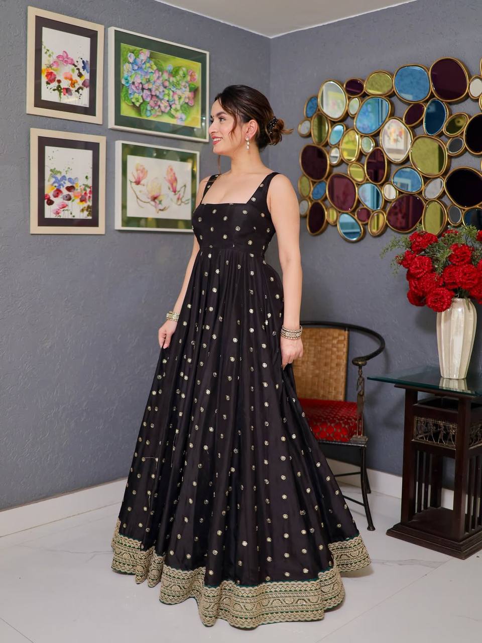 Black Color Thread Embroidery Work Anarkali Suit