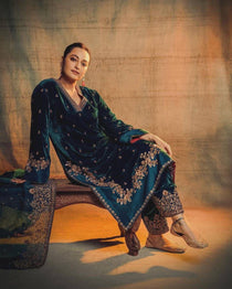 Dark Teal Velvet Embroidered Suit Set with Vichitra Dupatta