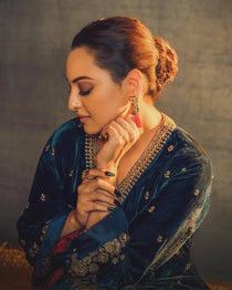 Dark Teal Velvet Embroidered Suit Set