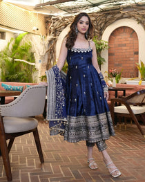 Wine Vichitra Silk Embroidered Gown Set