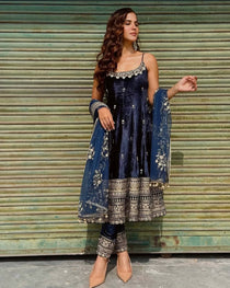 Wine Vichitra Silk Embroidered Gown Set