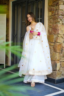 White Faux Georgette Anarkali Palazzo Set with Dupatta