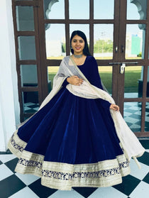 Navy Blue Embroidered Velvet Anarkali Suit Set with Sanderi Silk Dupatta