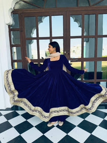 Navy Blue Embroidered Viscose Velvet Anarkali Suit Set