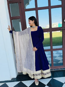 Navy Blue Embroidered Viscose Velvet Anarkali Suit Set