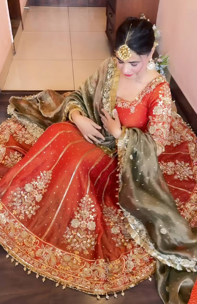 Rust Orange Embroidered Anarkali Gown Set