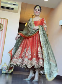 Rust Orange Embroidered Anarkali Gown Set with CN Silk Dupatta