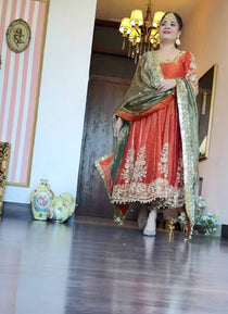 Rust Orange Embroidered Anarkali Gown Set